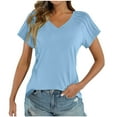 thumbnail image 4 of DeHolifer T-Shirts for Women V-Neck Solid Color Short Sleeve Pleated Summer Trendy Pullover T-Shirts Light Blue L, 4 of 8