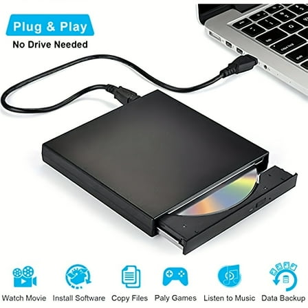 Slim USB 2.0 External DVD Drive - Plug & Play CD/DVD Burner & Reader for Laptops/Desktops, No Drivers Needed, Supports Movies, Gaming, Data Backup (Includes Power Cable)