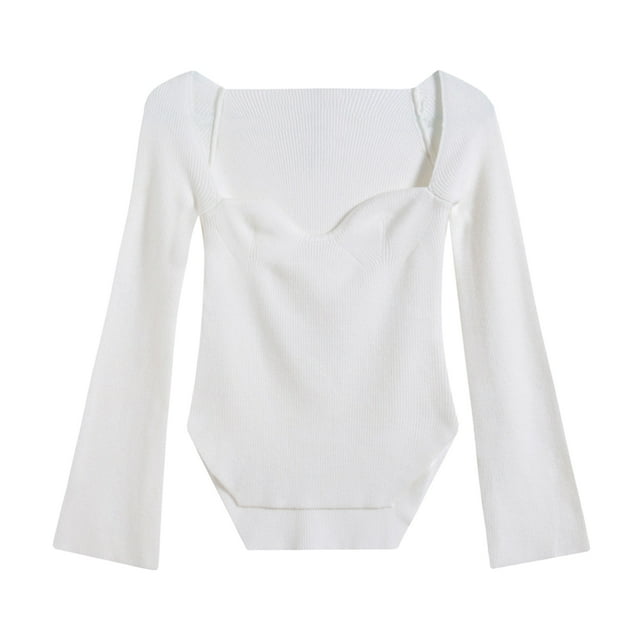Blusa de punto de manga larga sin tirantes, color blanco, con dobladillo irregular para fiestas y compras, talla L