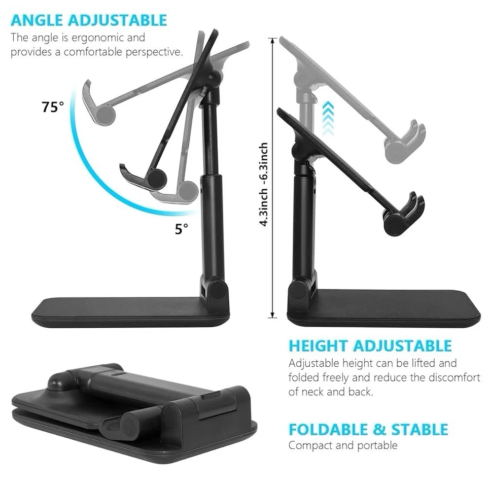 Folding Phone Stand – Adjustable Height & Angle, Fits 4–10” Phones/Tablets