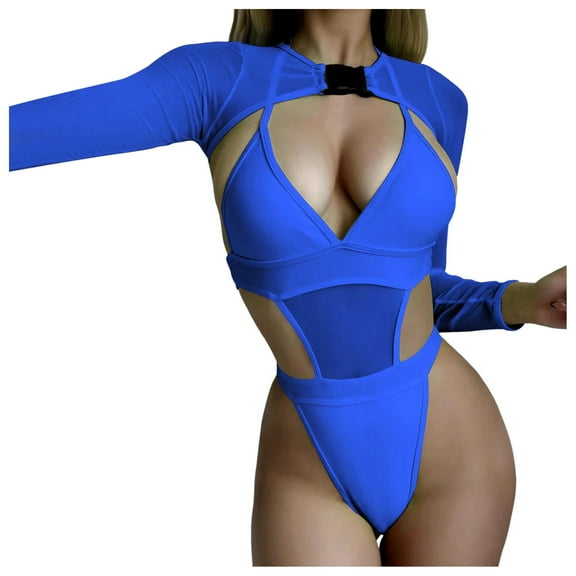 Sngxgn Womens Swimsuits Tummy Control Bathing Suit for Women Push Up Swimwear V Neck High Cut(Blue,S)