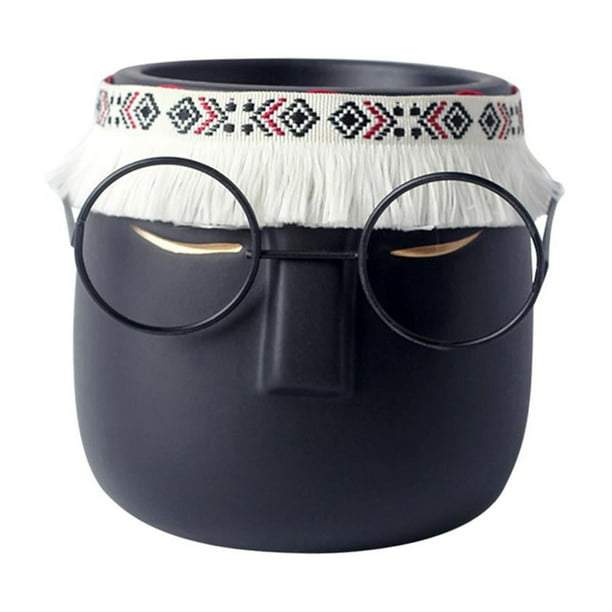 Maceta decorativa con borlas, orificios de drenaje, cerámica, estilo nórdico, bonita maceta con forma de cara, ideal para la oficina o como macetero. Negro 025
