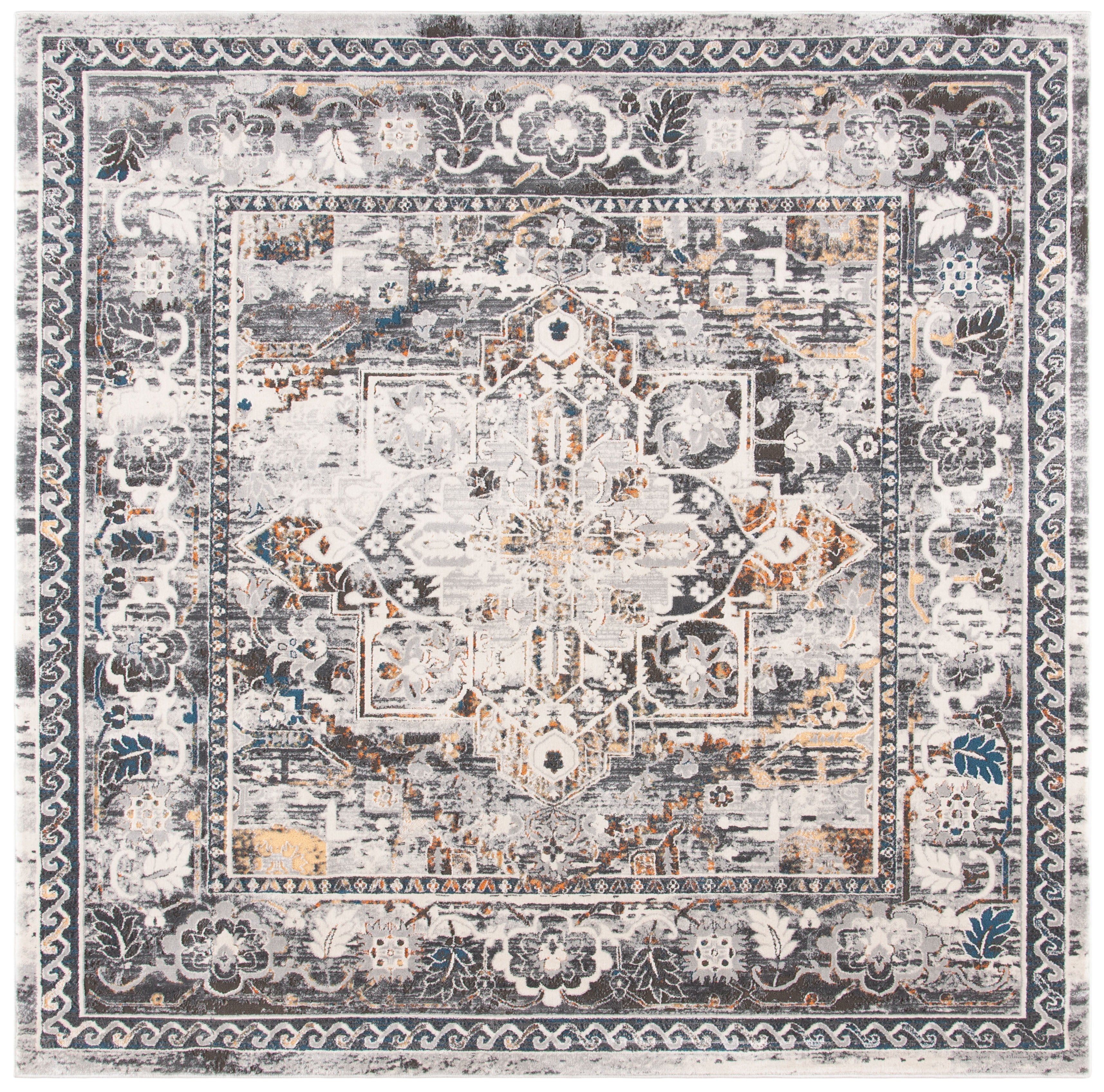 SAFAVIEH Alhambra Leptis Floral Bordered Area Rug, Grey/Cream, 6'7" x 6'7" Square