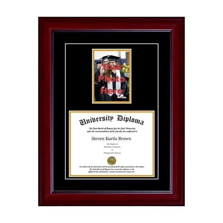 Single Diploma Frame with 5x7 Photo and Double Matting for 16 x 12 Tall Diploma with Mahogany 2 Frame