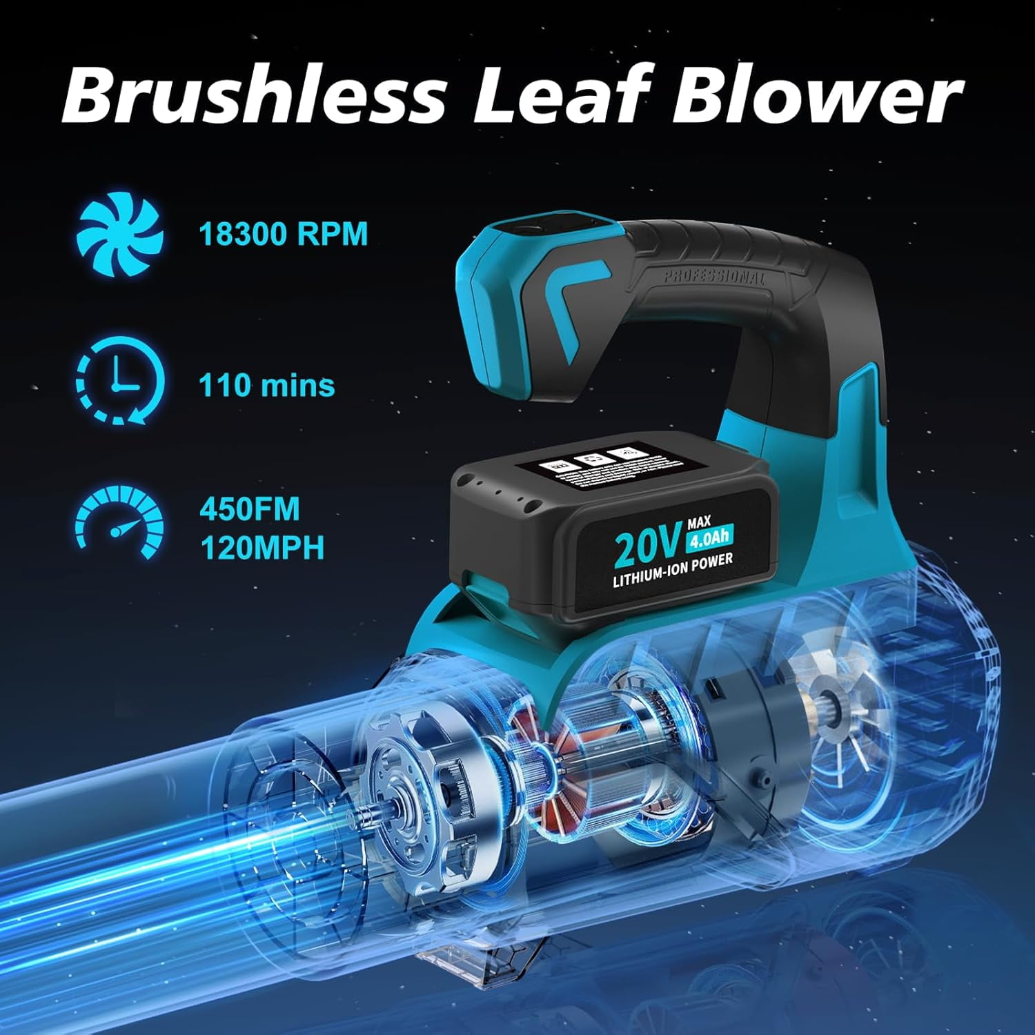 WHATOOK 20V Cordless Leaf Blower with 2 X 4.0Ah Batteries & Charger, Blushless Motor Electric Leaf Blowers for Lawn Care 450 CFM 120MPH for Snow Blowing Garden Cleaning
