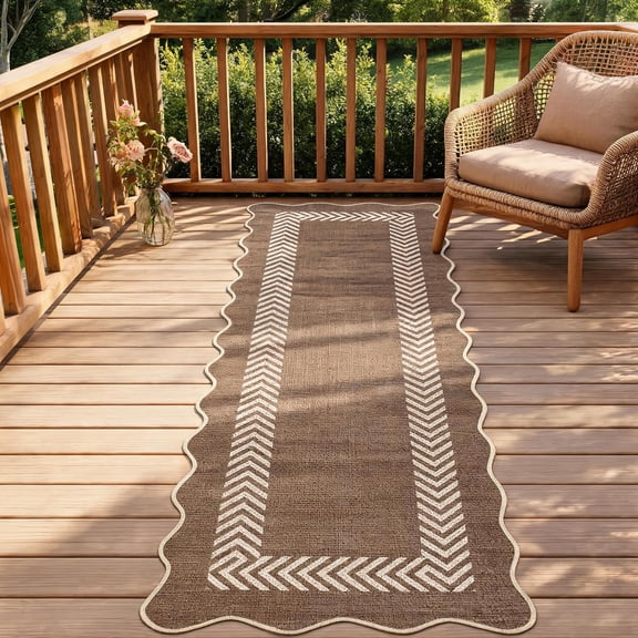 Scalloped Easy Jute 2x6 Kitchen Rugs Washable Non Slip Indoor Outdoor Runner for Entryway Patio Low Pile Scalloped Neutral Carpet Runner for Hallway Porch Doorway, Brown