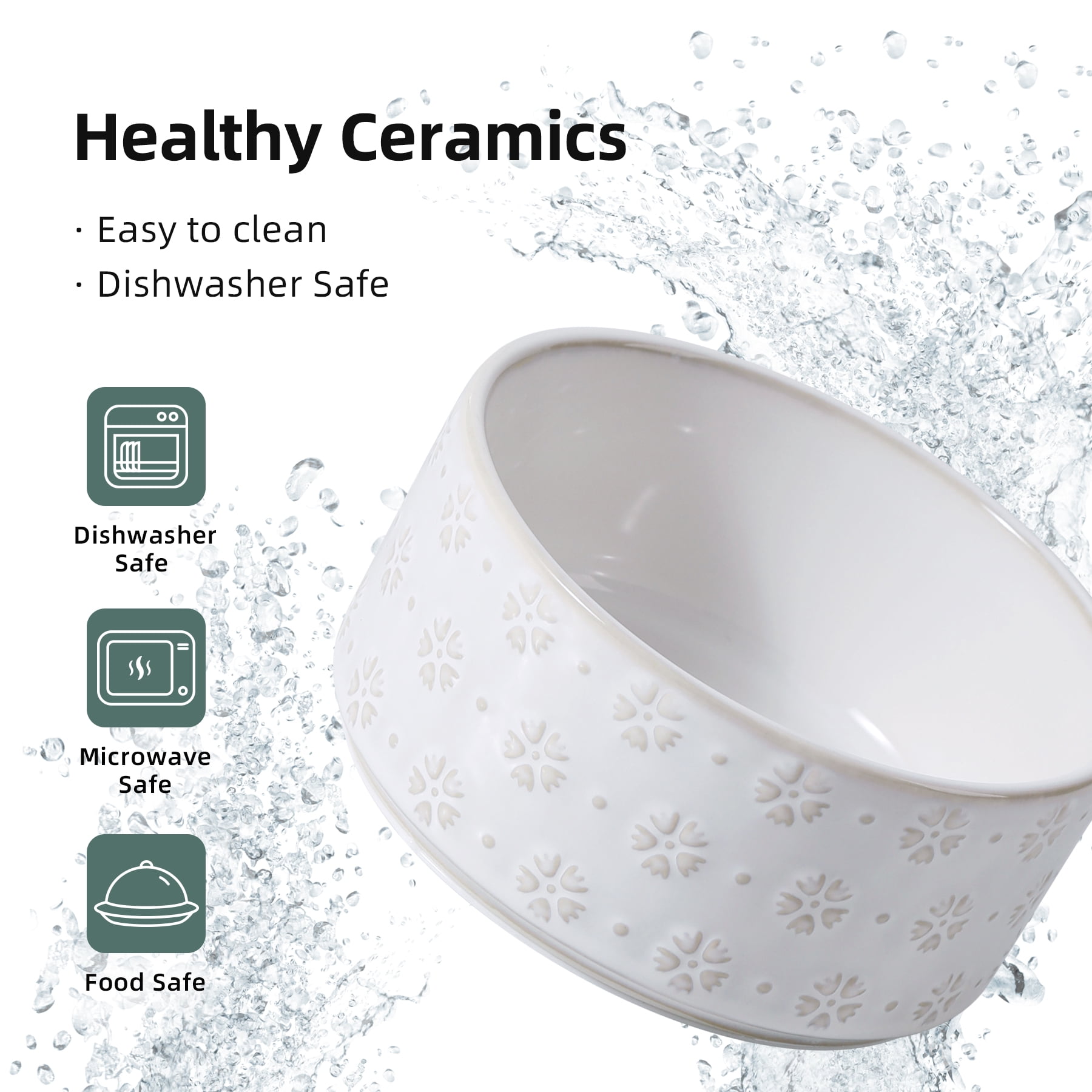 LarqeeWare Ceramic Raised Double Bowls Set with Acacia Wood Stand, 2 Heights Elevated, Food & Water Bowls for Small Breed Dogs, Weighted Dog Dishes, Pet Bowl,6.1inch (27oz, Arctic White)