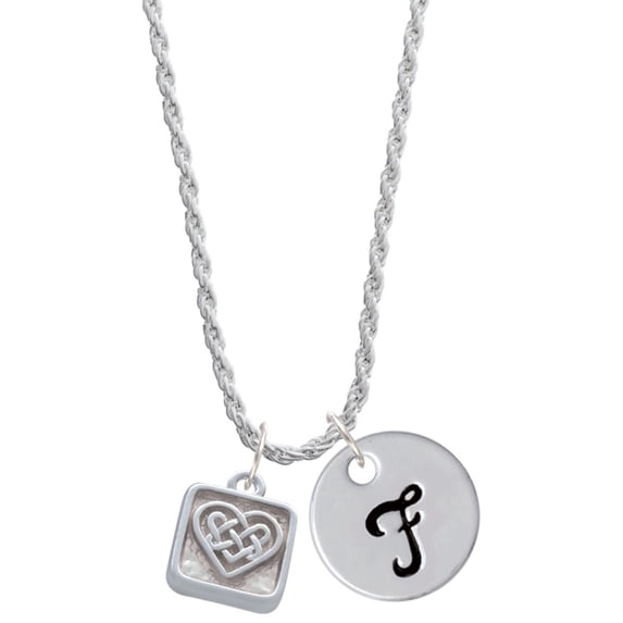 Delight Jewelry Silvertone Celtic Knot Heart - Square Seal Silvertone Script Initial Disc - F - Charm Necklace, 20"+3"