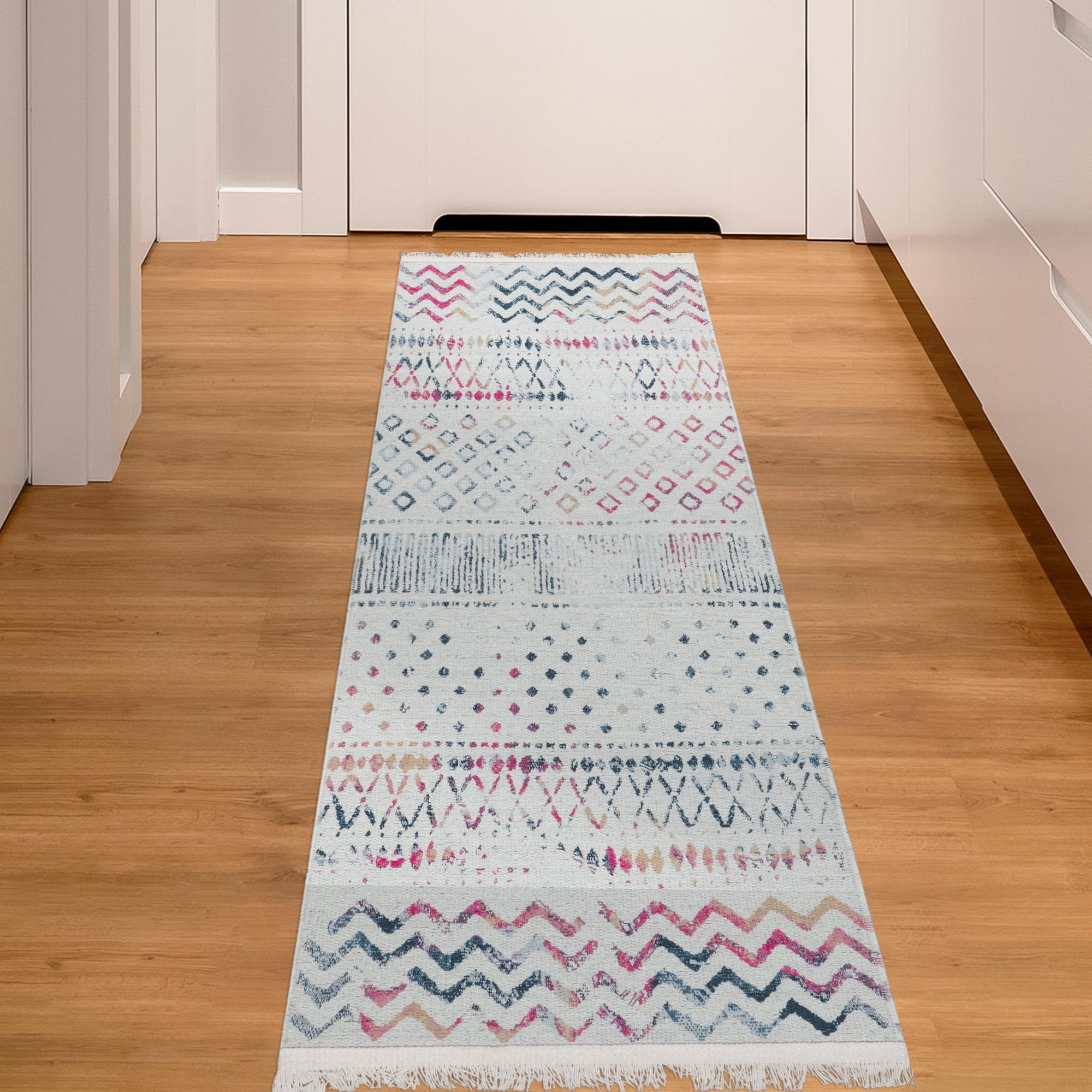 Ottomanson Machine Washable Cotton 2x5 Flatweave Runner Rug for Bedroom, 20" x 59", Off White/Multicolor Moroccan/Boho