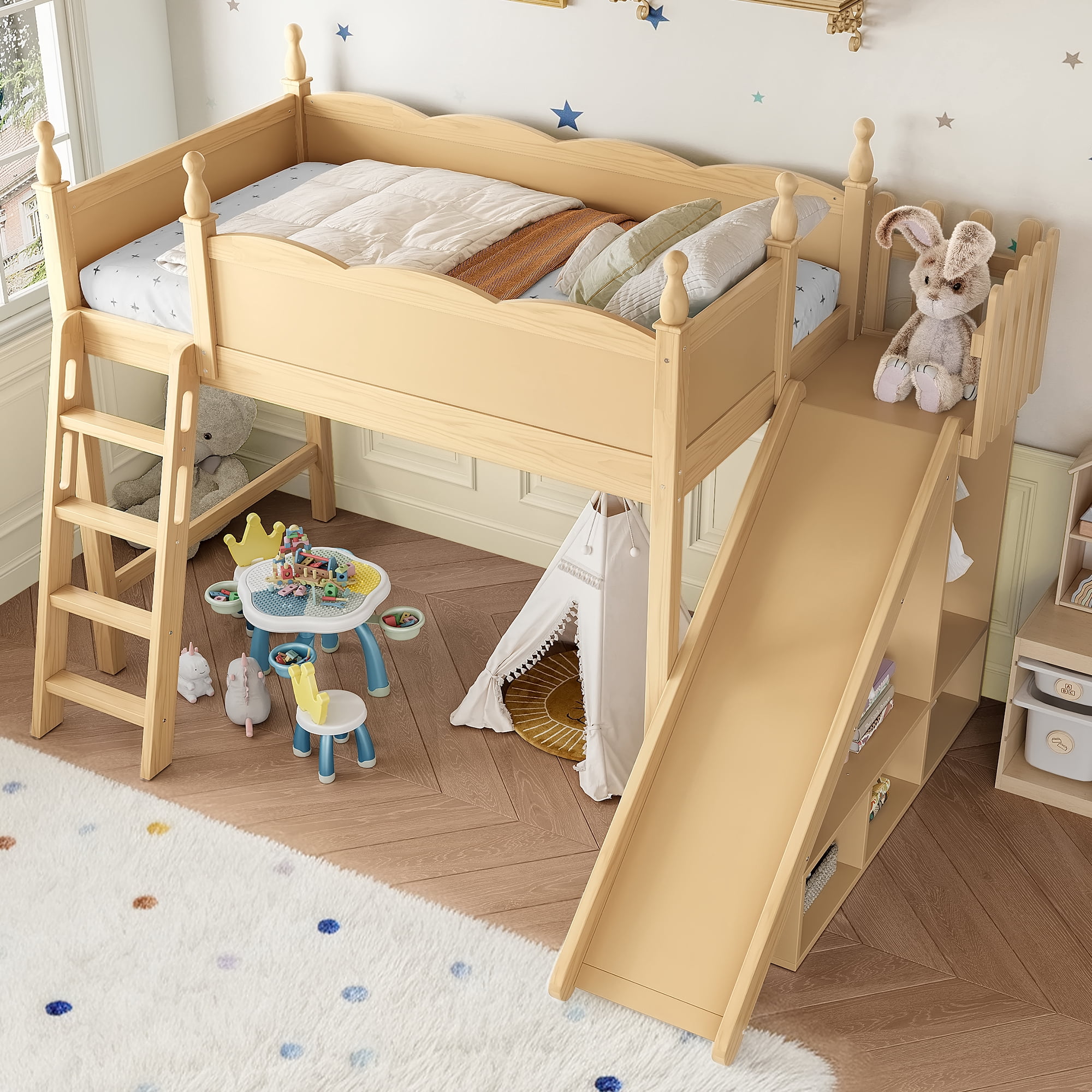 Leumius Twin Loft Bed Frame with Storage Shelves and Wardrobe, Solid Wood Loft Bed with Detachable Slide and Ladders for Kids Teens Adults Natural