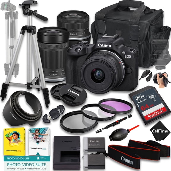 Canon EOS R50 Mirrorless Camera with RF-S 18-45mm f/4.5-6.3 IS STM And 55-210mm f/5-7.1 IS STM Lens   64GB Memory   Extra Battery   Camera Case   Tripod   More (22pc Bundle) (International Version)