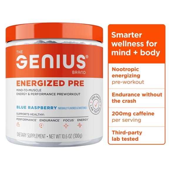 Genius Energized Pre Workout Powder – Caffeine Infused Pre-Workout Booster Supplement with Beta Alanine & Alpha GPC, No Artificial Sweeteners or Dyes - 200mg Caffeine, 20 Servings, Blue Raspberry