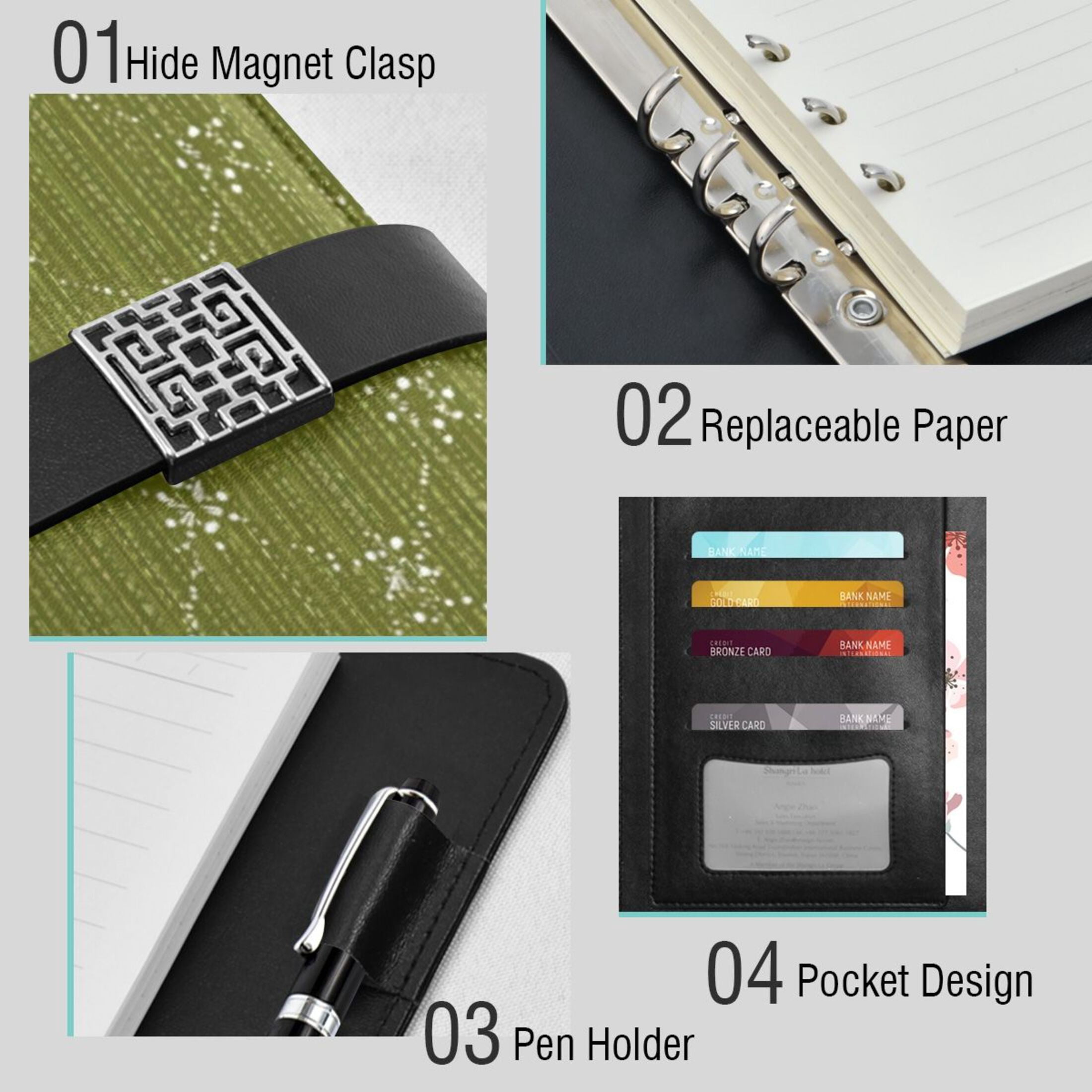 Leather Planner Leather Notebook Notebook Journal Binder Design Pen Pocket Design Convenient for Storage Olive Green Dotted Lines