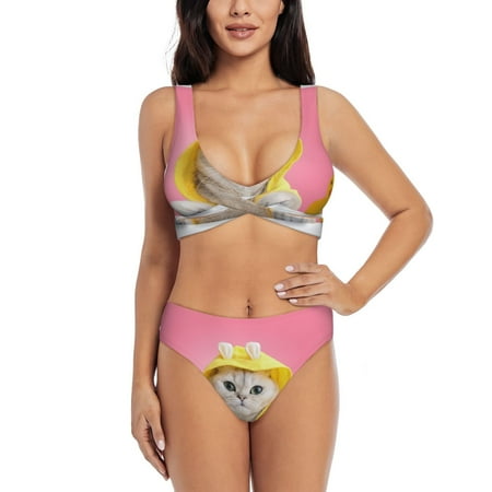 Zeuib A Funny Cat High Waisted Tummy Control Bikini Set - Knot Front Push Up Top & Cheeky Thong Bottom  Two-Piece Swimsuit for Women-Small