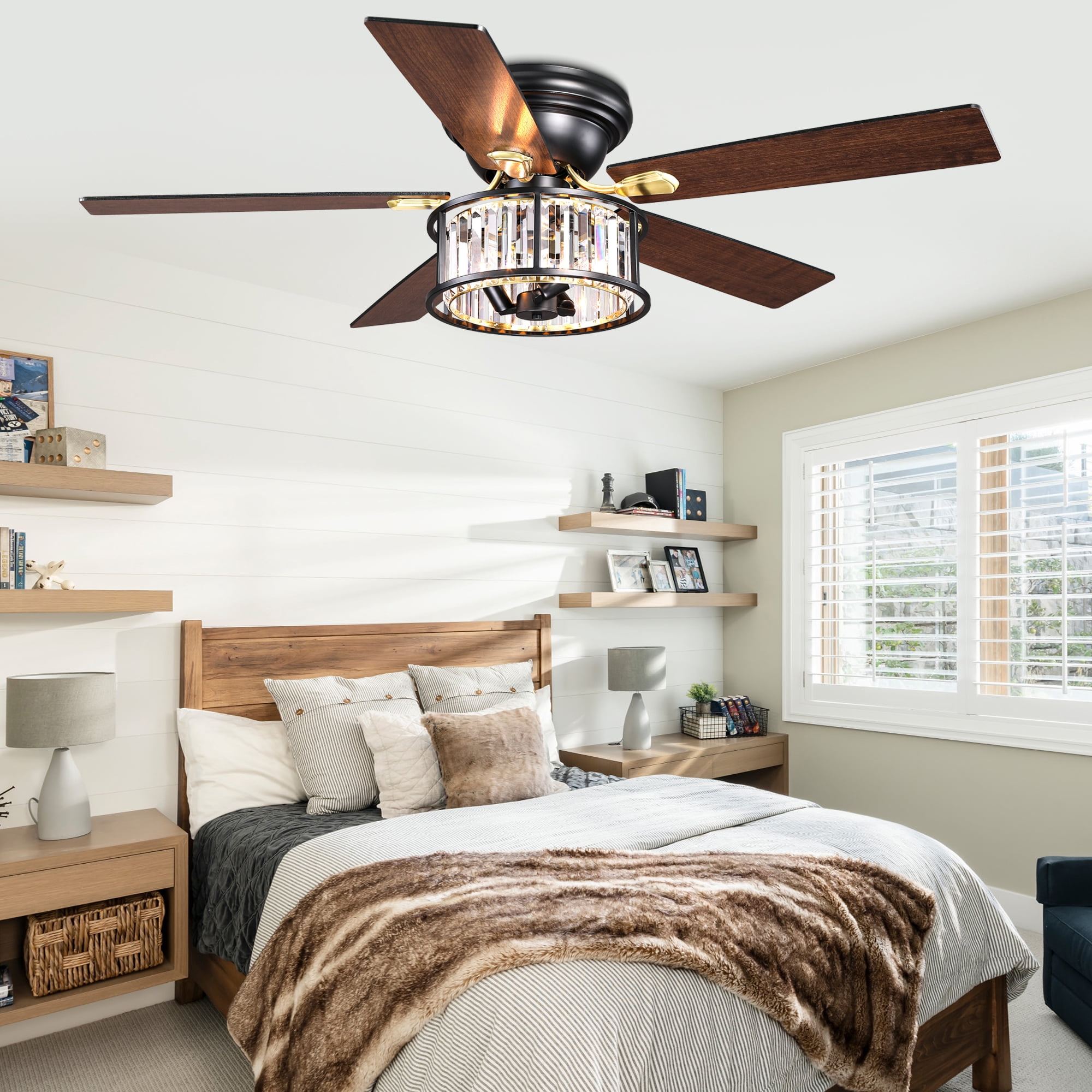 Chords Attic 52" Black Crystal Flush Mount Ceiling Fan with Light and Remote Control, Low Profile Fandelier Ceiling Fan with 6-Speed DC Motor for Living Room, Bedroom