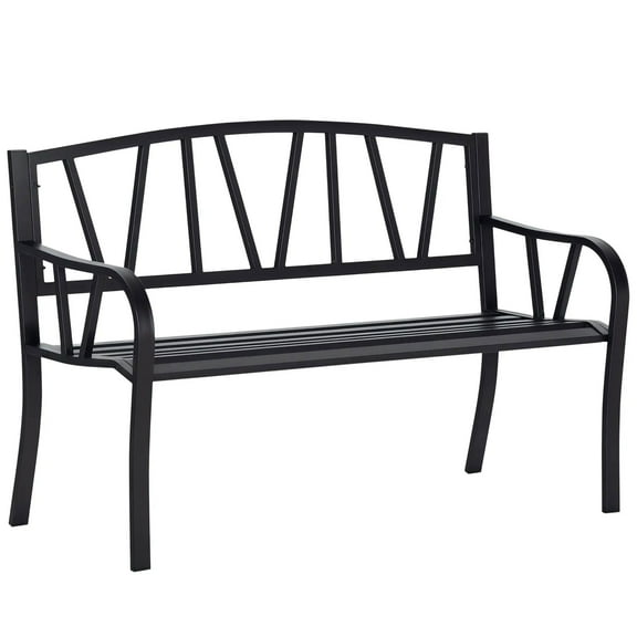 Resenkos Metal Bench, V-Backrest Park Bench, Slatted Seat Porch Bench, Outdoor Yard Furniture, Durable Black Design,Black