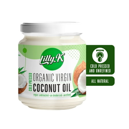 Lilly K Coconut Oil, Cold-Pressed, All Natural Organic Virgin for Cooking and Baking, and Skin/Hair, Sealed Glass Jar, 16.9 fl oz/500 mL