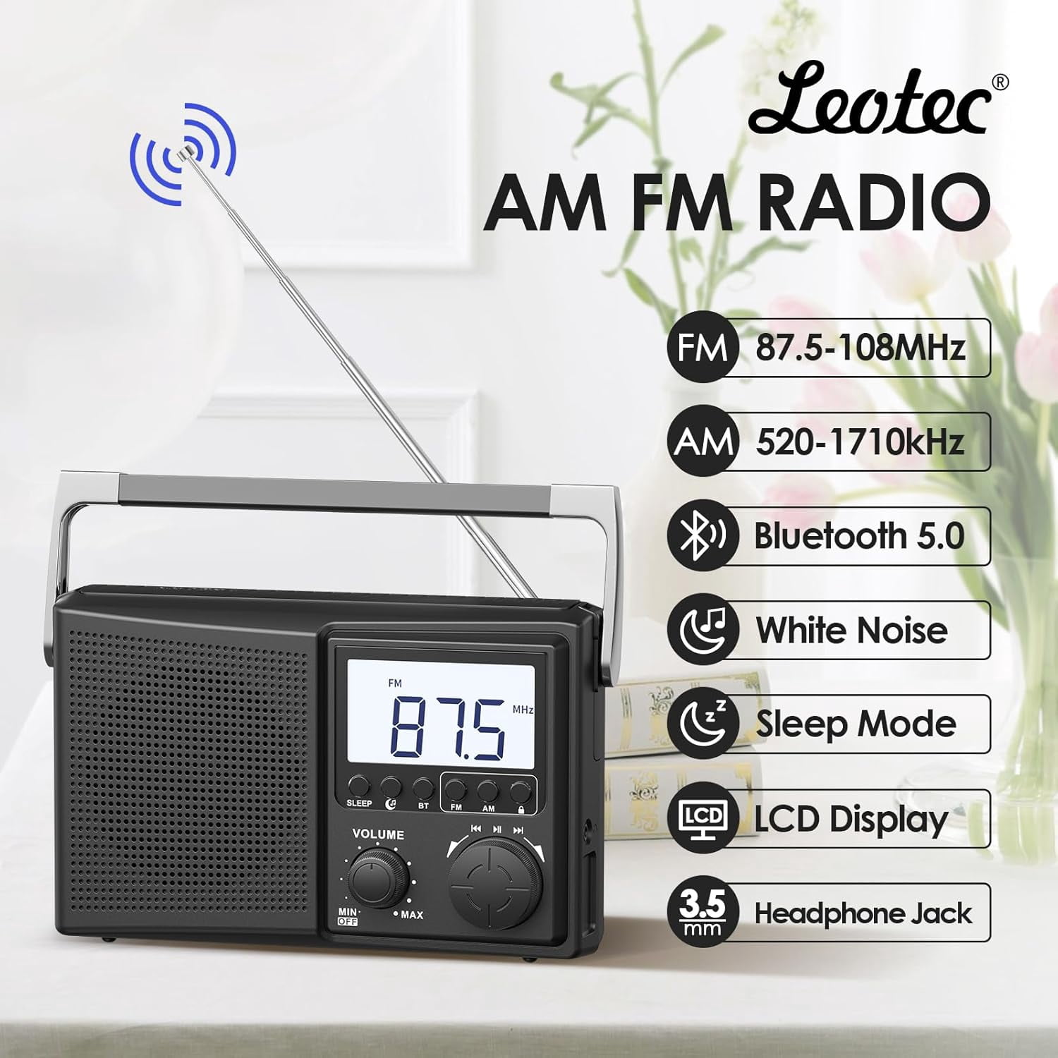 LEOTEC AM FM Radio with Bluetooth,Portable Radio Strong Reception,Plug in Wall,Battery Operated,10 White Noise Sounds,Digital Sleep Timer,Headphone Jack,Volume Control,Easy to Use,Gifts for Seniors