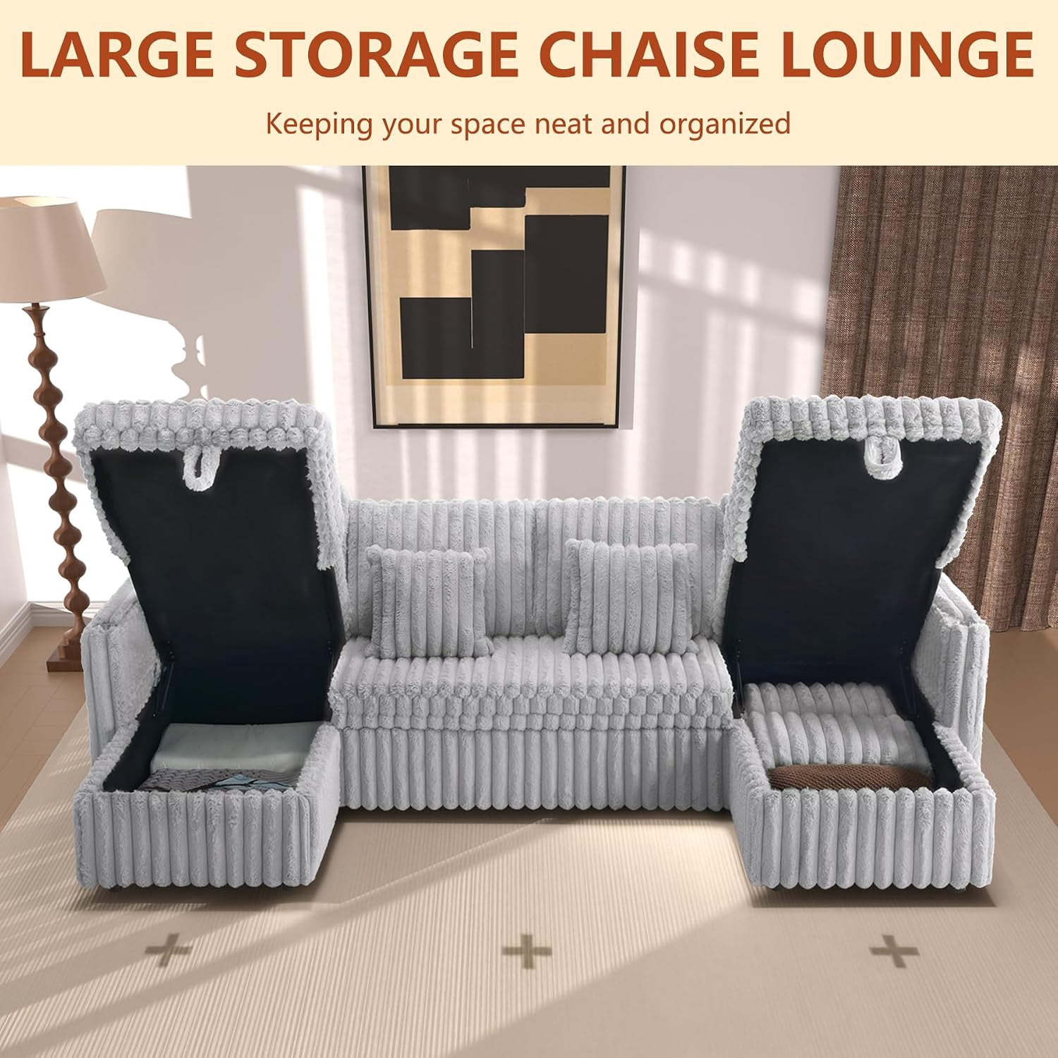 Howcool 107" U Shaped Sectional Sleeper Sofa, Pull Out Couch with Storage Chaise, Adjustable Backrest, USB Charger, Cup Holders & Side Pockets, Corduroy Sofa Bed for Living Room, Light Gray