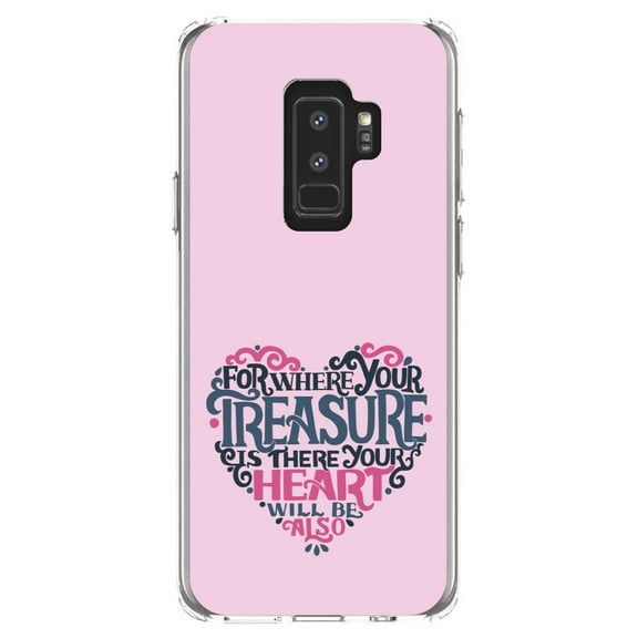 DistinctInk Clear Shockproof Hybrid Case for Samsung Galaxy S9  PLUS (6.2" Screen) - TPU Bumper, Acrylic Back, Tempered Glass Screen Protector - For Where Your Treasure Is There Your Heart Will Be
