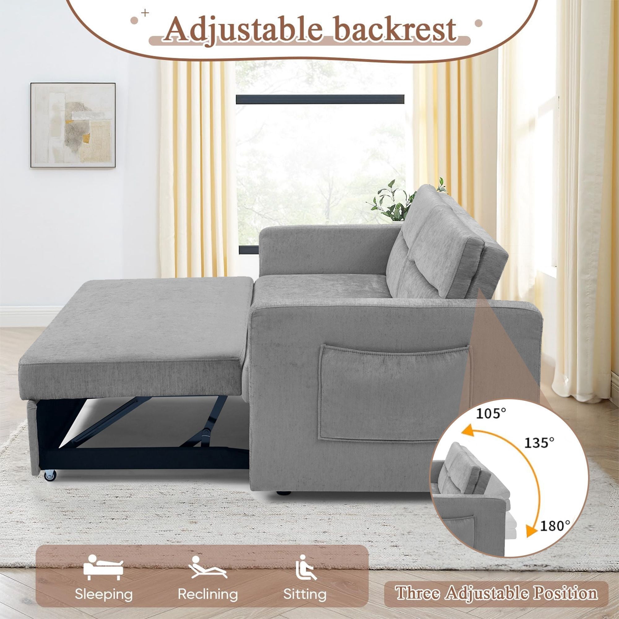 DEALTOPS Pull Out Sofa Bed, Convertible Loveseat Sleeper with Side Pockets, Gray