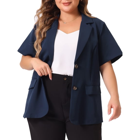 DARING DIVA Women's Plus Casual Blazers Short Sleeve Notched Lapel Blazer Navy Blue 1X
