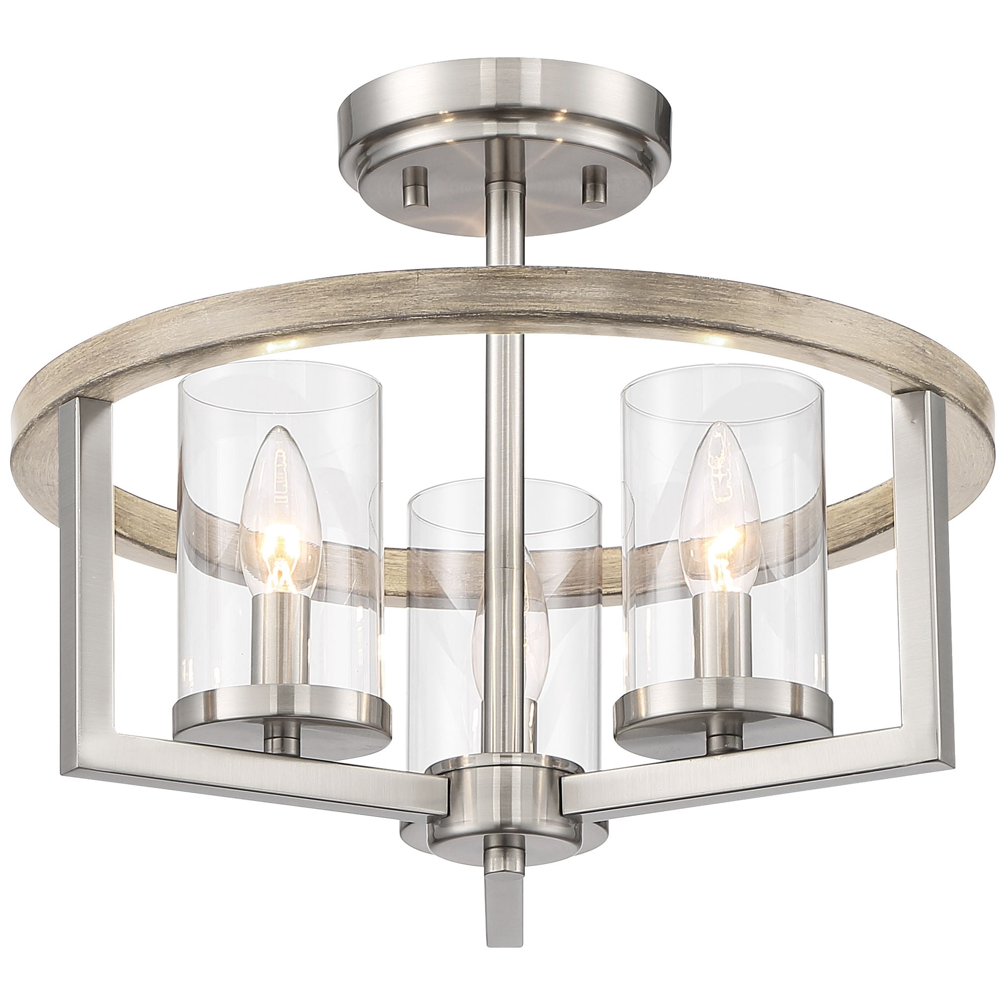 Possini Euro Design Senna Modern Industrial Ceiling Light Semi Flush Mount Fixture 15" Wide Brushed Nickel Gray Wood 3-Light Clear Glass for Bedroom
