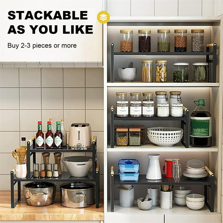 2 Pack Expandable Cabinet Countertop Shelves, Stackable Shelves Organizers  For Kitchen Cabinet Countertop Storage, Adjustable Cupboard Counter Pantry