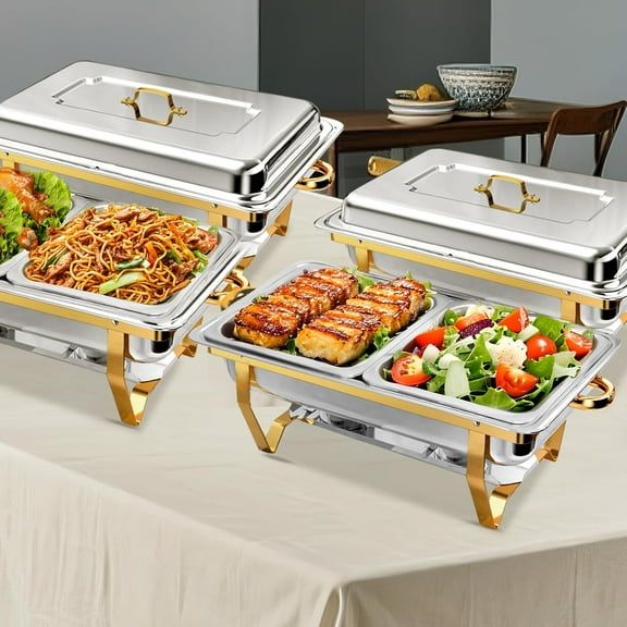 EVGTTI 8QT Chafing Dishes, 4 Pack Golden High Premium Stainless Steel Complete Set with Half Size Food Pan, Chafing Dish Buffet Set for Gatherings Banquet