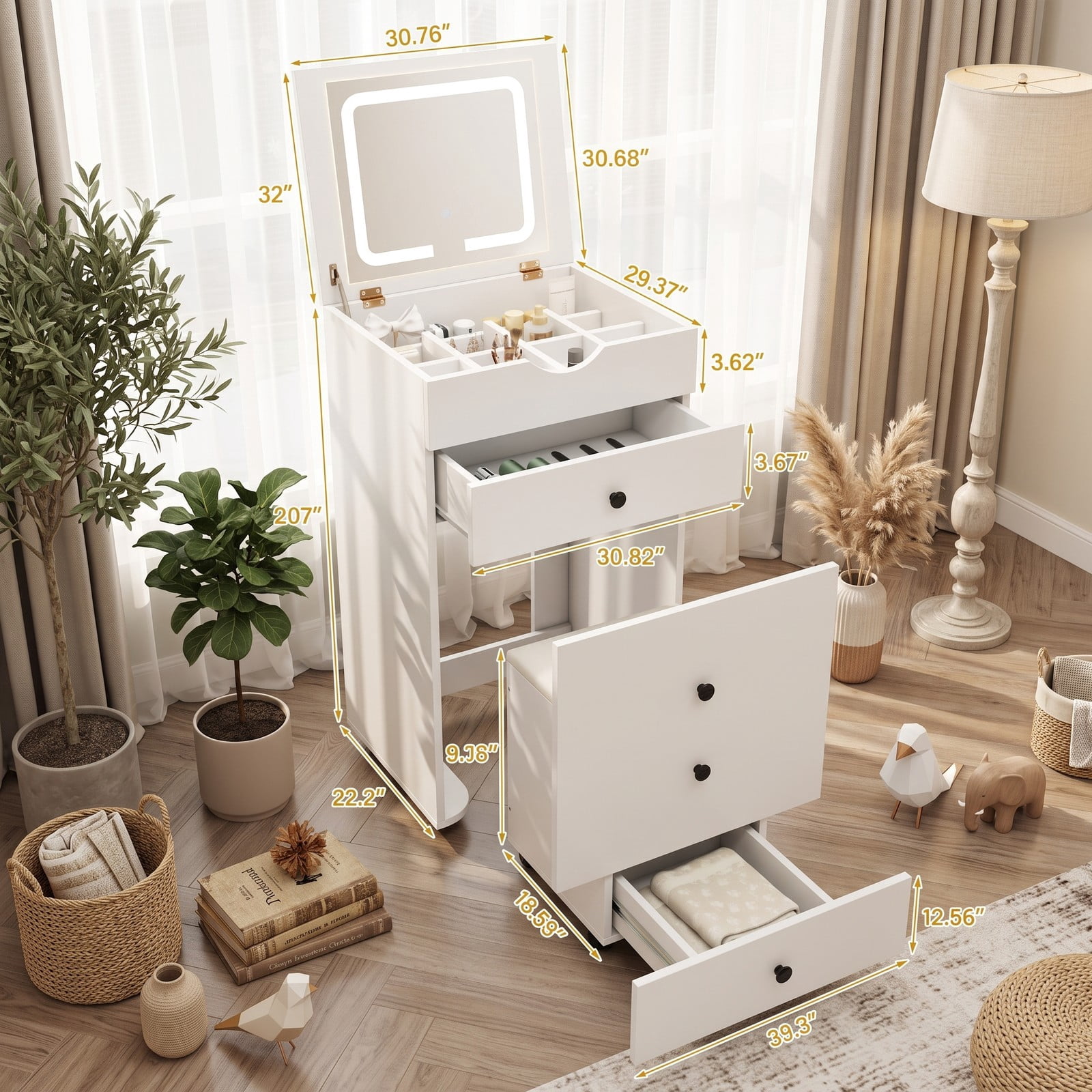 Furnibear 3 in 1 Vanity Set with Flip Up LED Mirror and Rolling Casters and Cushioned Storage Stool for Bedroom and Small Space, White