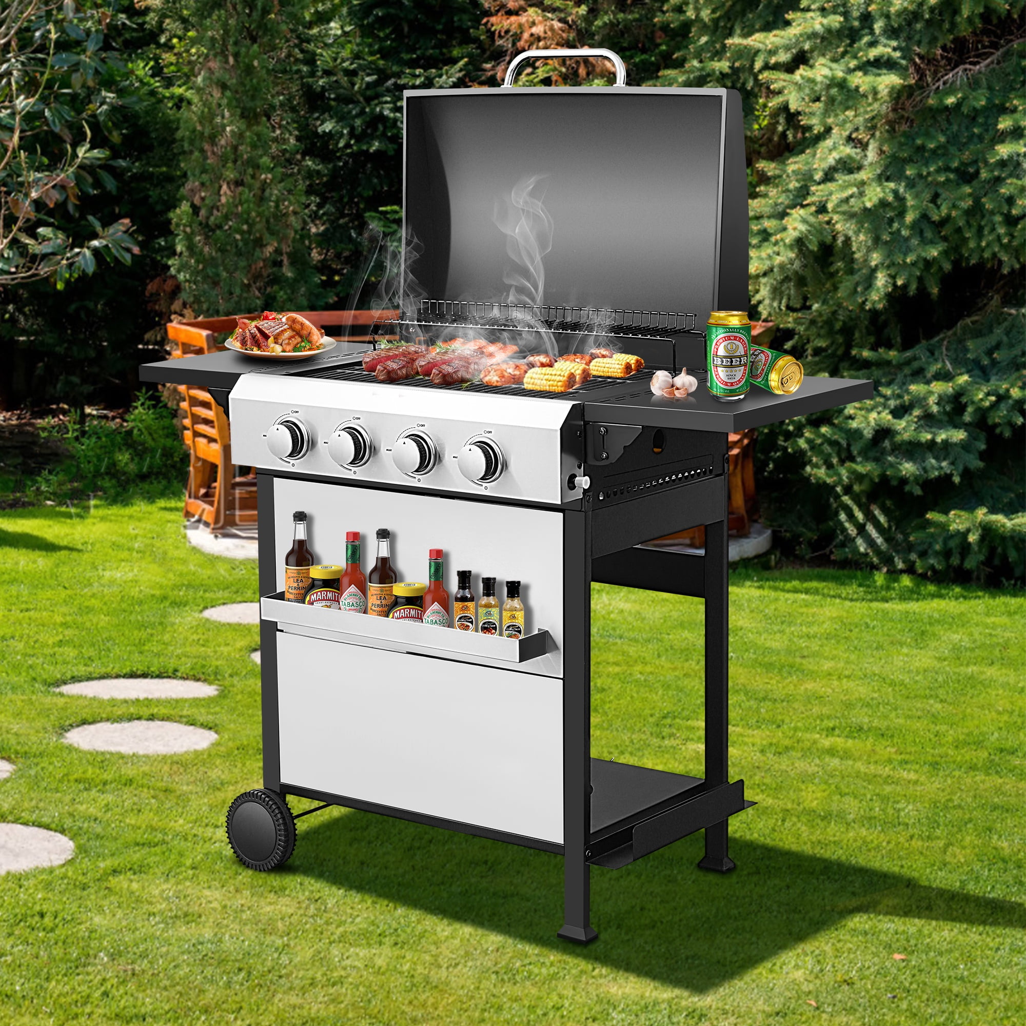 2 in 1 Propane Gas Grill and Griddle Combo, 4 Burner Griddle Grill Combo with Folding Side Tables & Hanging Basket, 49,200BTU Stainless Steel Propane Grill for Outdoor Cooking