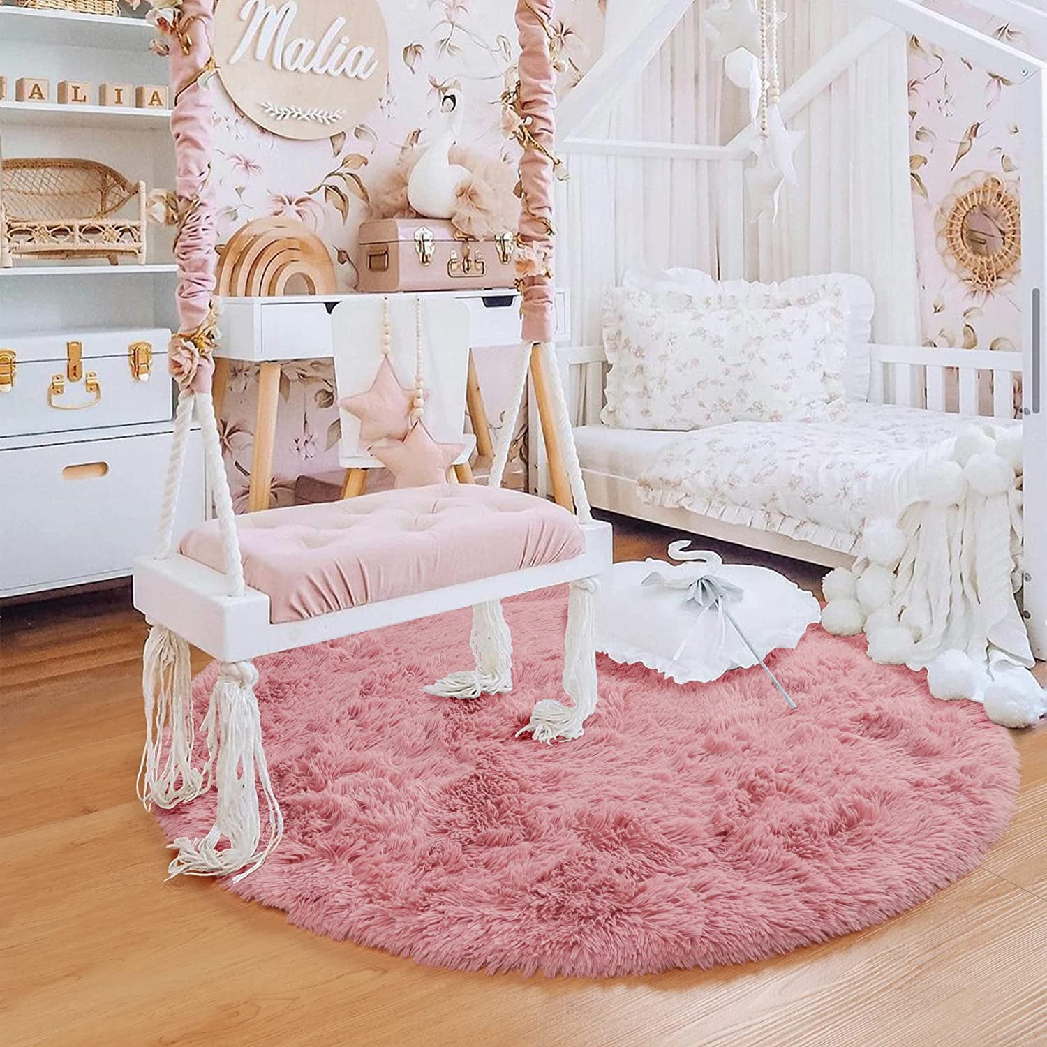 Junovo Round Fluffy Area Rugs For Kids Girls Princess Castle Plush Shaggy Carpet Cute Circle Nursery Rug For Kids Room Bedroom Living Room,4'x4',Blush