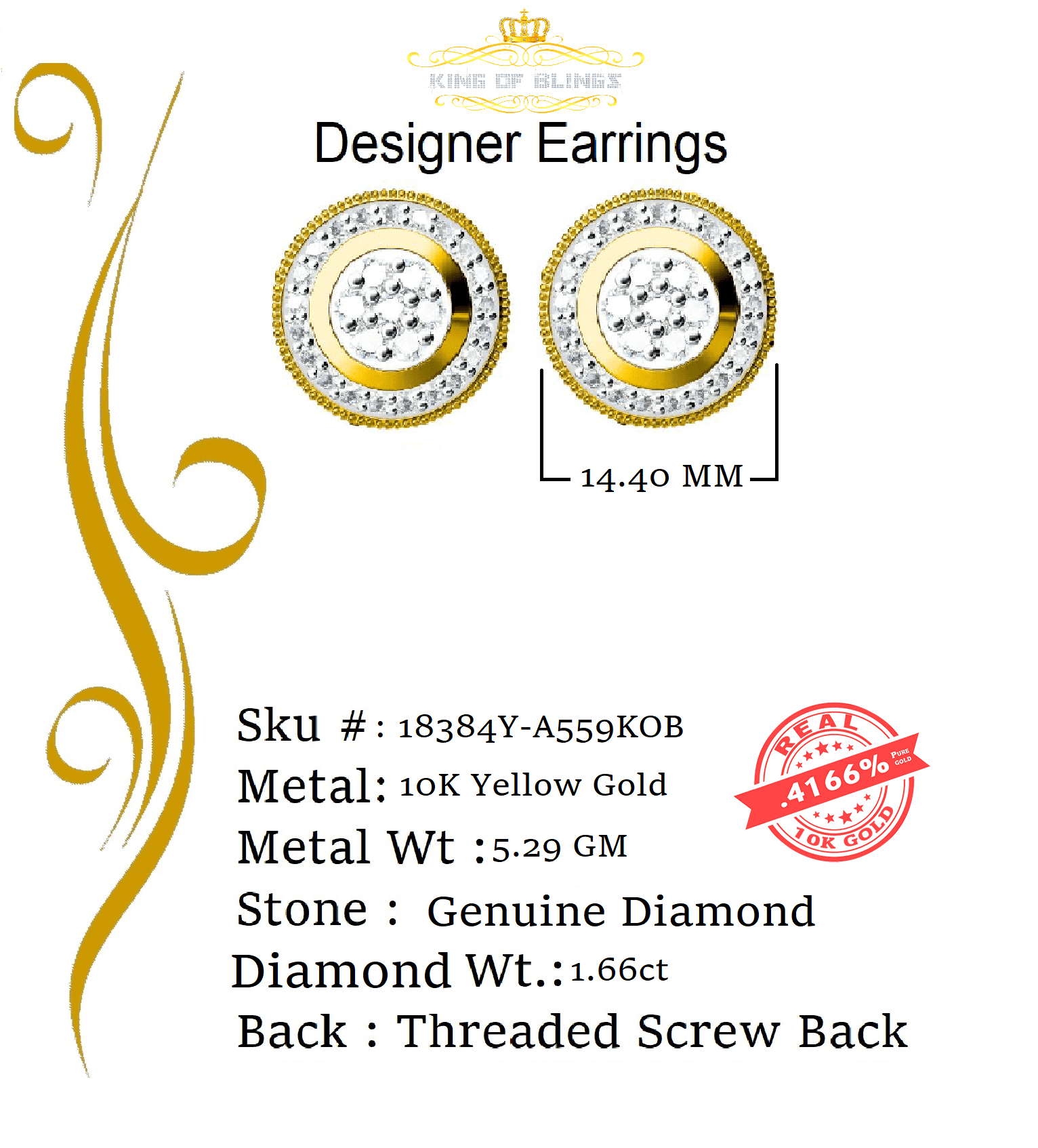 King of Bling's 10K Real Yellow Gold Real Diamond 1.66CT Men's/Women's Stud Round Earring