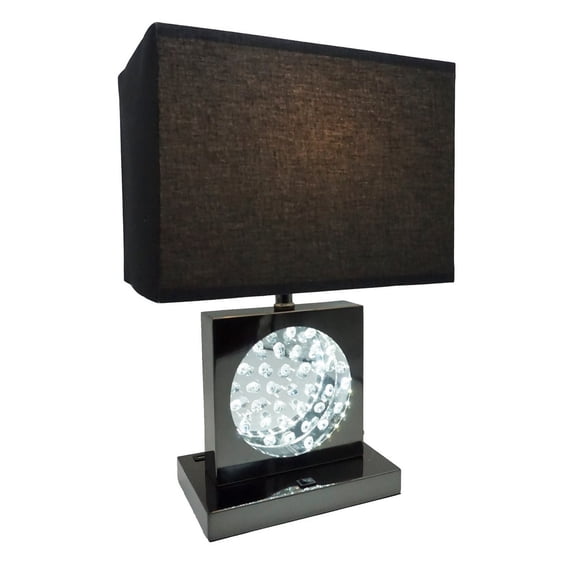 Rohi 22 Inch Table Lamp, Black Fabric Shade, Nickel Base, LED Accents- Saltoro Sherpi