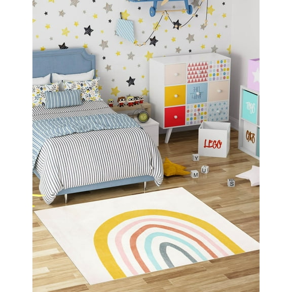 Unique Loom Whimsy Kids Collection Area Rug - Rainbow (7' 10" Square Ivory/Yellow)