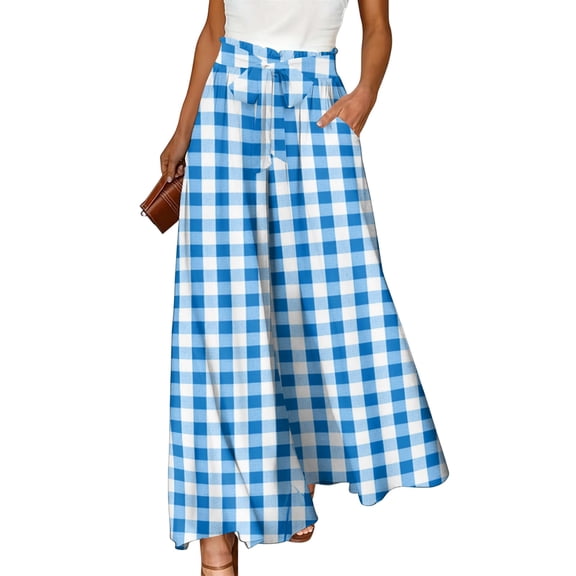 Women's Gingham Plaid Wide Leg Pants, Casual Tie Waist Paperbag Palazzo Trousers, Summer High Waisted Checkered Long Pants with Pockets