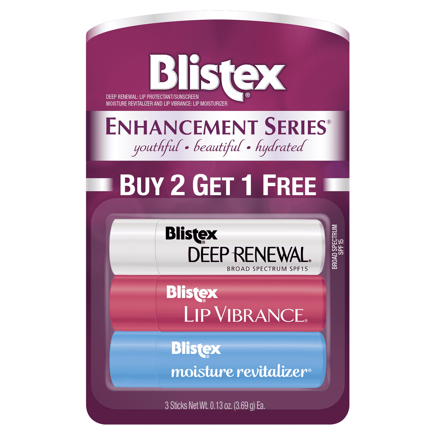 Blistex Enhancement Series Buy 2, Get 1 Free Value Pack contains three indulgent lip balms