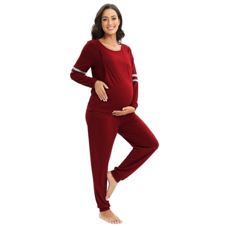 

WBQ Women s Maternity Nursing Pajamas Set Double Layers Breastfeeding Pj Set Long Sleeve Pregnancy Sleepwear Tops with Long Pants Loungewear Pjs Set S-3XL