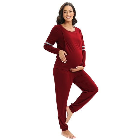 WBQ Women's Maternity Nursing Pajamas Set Double Layers Breastfeeding Pj Set Long Sleeve Pregnancy Sleepwear Tops with Long Pants Loungewear Pjs Set, S-3XL