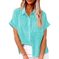 thumbnail image 3 of JUNWELL Chemise Simple et Mode pour Femmes Chemises Classiques Décontractées Coton Lin Manches Courtes Col à Revers Chemise Boutonnée Hauts Tempérament, 3 of 7