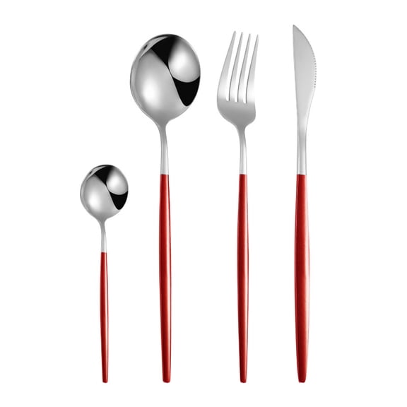 4-Piece red Silver Silverware Sets Mirror Polished Stainless Steel Modern Flatware Cutlery Set Service for 1 Including Forks Spoons Knives Kitchen(red Silver)