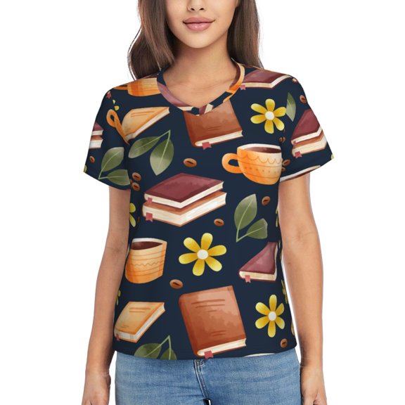 Women Short Sleeve V Neck Tops T-Shirts Summer Tees, Color Coffee Book