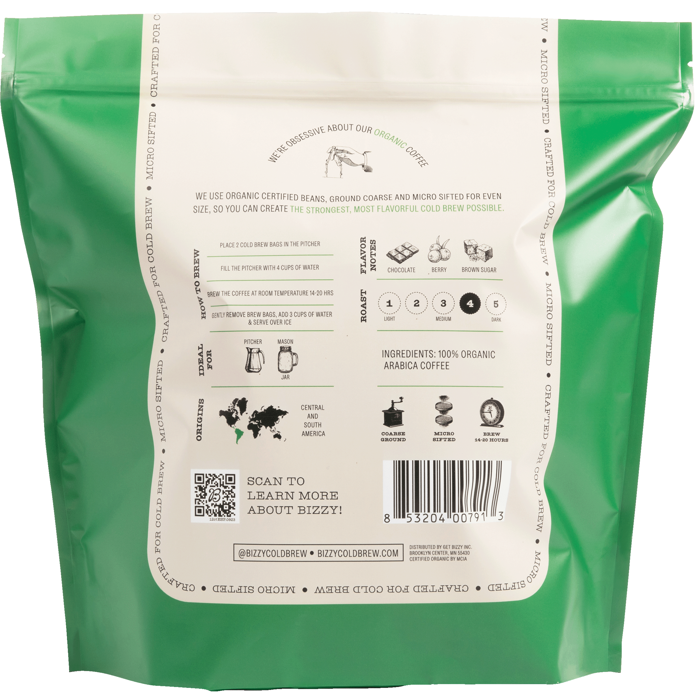 Bizzy Organic Cold Brew Coffee | Espresso Blend | Coarse Ground Coffee | Medium-Dark Roast | Micro Sifted | Specialty Grade | 100% Arabica | Brew Bags | 12 Count | Makes 42 Cups