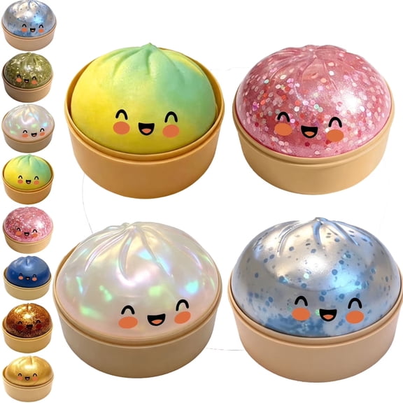 Dumpling Squishies Toys, Giant Glitter Dumpling, Colorful Dumplings Stress Balls Fidget Sensory Toys,Squeeze Dough Ball Stress Relief Hand Toys with Food Steamer Stretchy Desk Toys(Gold)