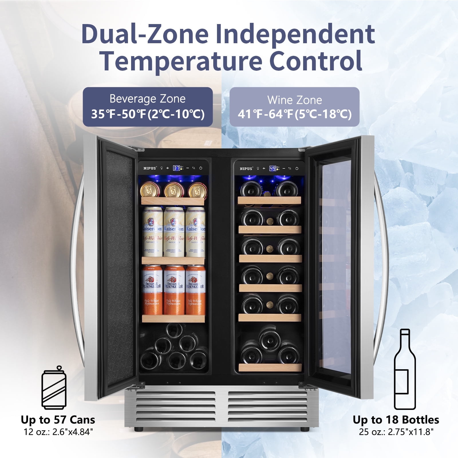Nipus 24" Wine and Beverage Refrigerator,Dual Zone Hold 18 Bottle and 57 Can,Digital Touch Control,Built-In or Freestanding