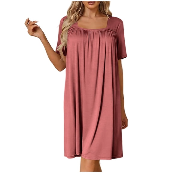 Edvintorg Womens Nightgown Short Sleeve Sleepshirt Square Neckline Nightshirt Soft Pajamas Dress Casual Sleepwear Womens Clothes Red L