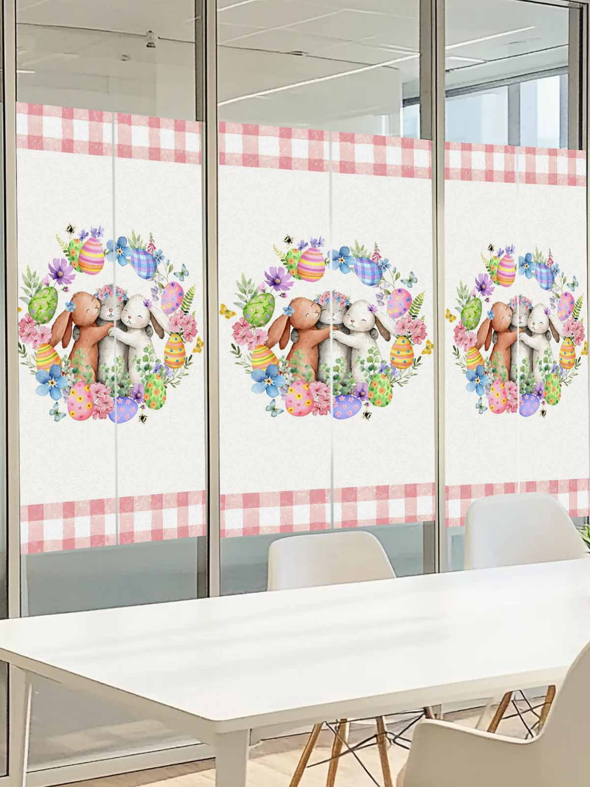 Easter Cute Rabbit Window Privacy Film, Color Eggs Pink Blue Flower Eucalyptus Leaf Pink Plaid Frosted Glass Window Clings Static Cling UV Heat Blocking Reusable Sticker for Bedroom 29.5x118 Inch