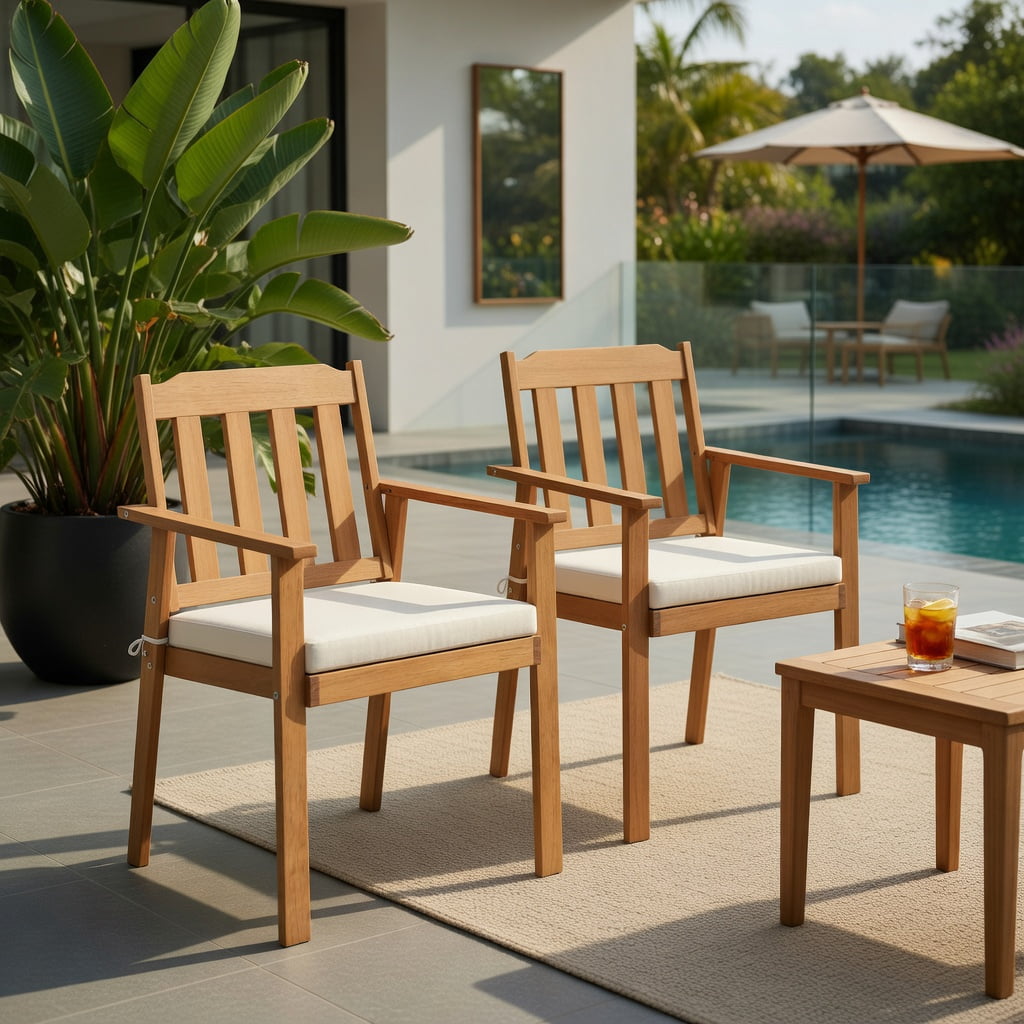 Hommoo 2-Pack Outdoor Dining Chairs, Acacia Wood Patio Chairs with Washable Cushions for Backyard, Garden & Balcony, White