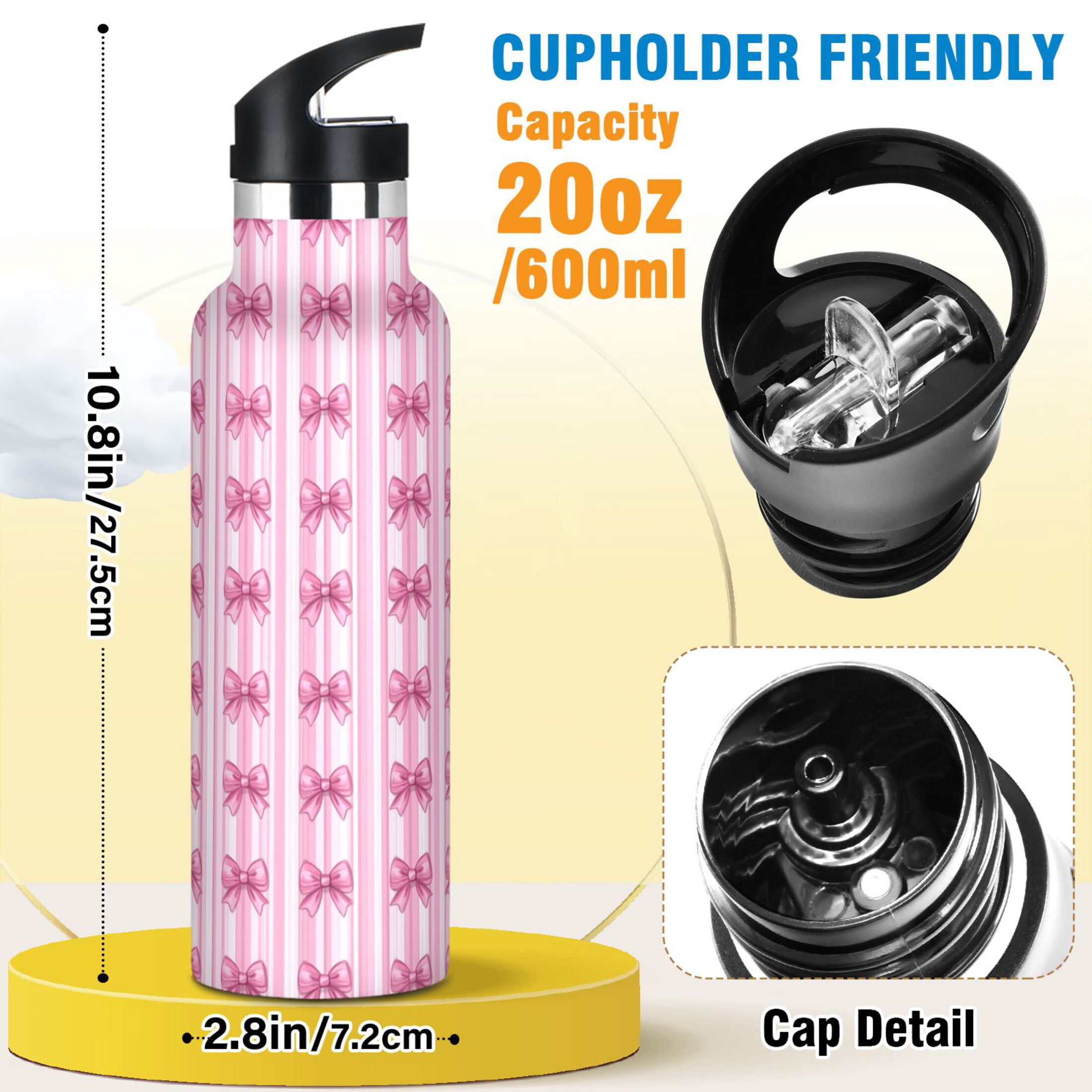 Kids Insulated Stainless Steel Sports Water Bottle 600ml (20oz) Pink Bows