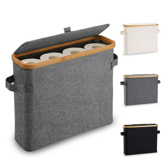 Fakrich Toilet Paper Storage Basket with Lid, Bamboo Toilet Paper Storage Holder Stand Organizer for Bathroom, Toilet Paper Storage Box Container with Handle, Gray